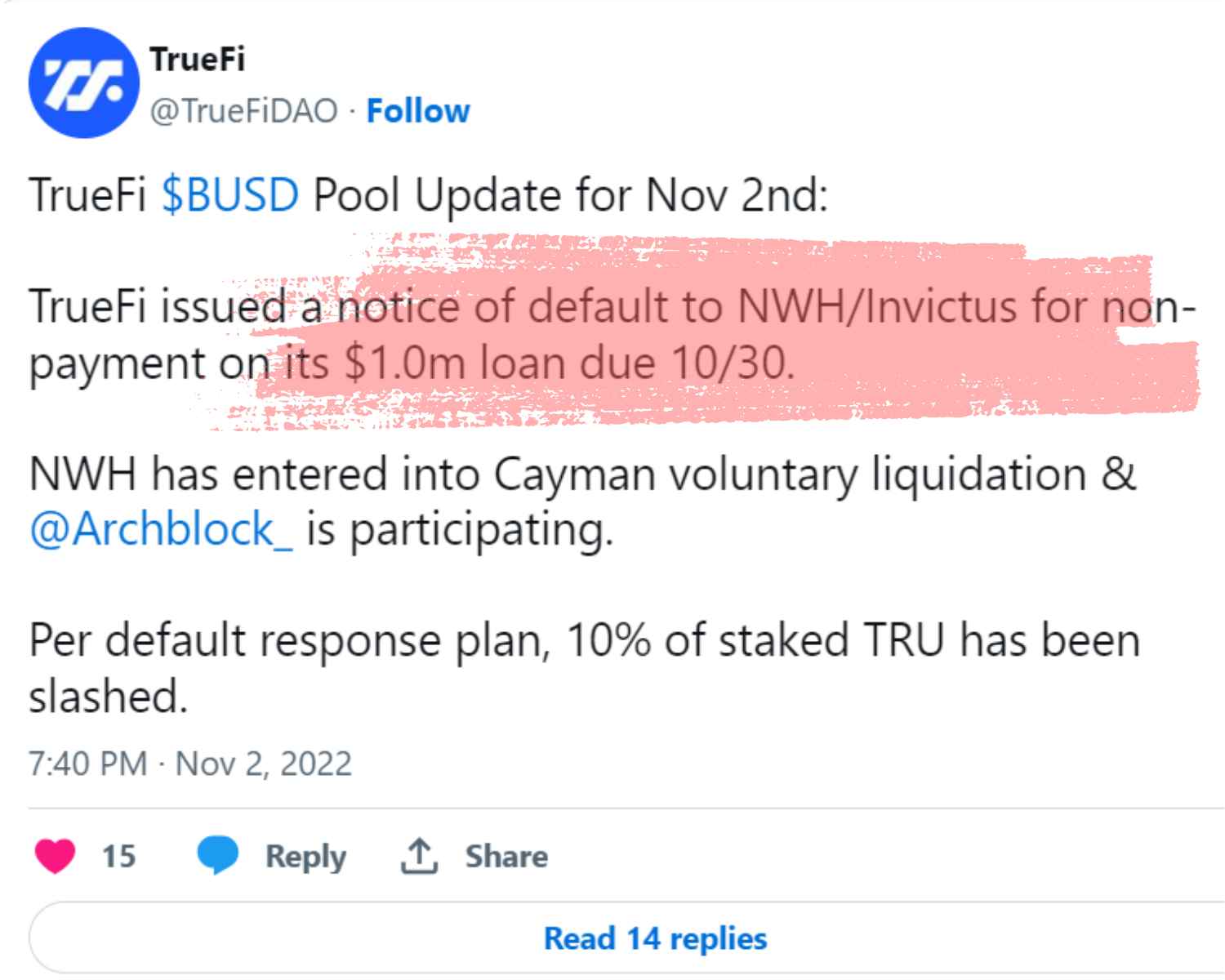 TrueFi notice of New World Holdings  Invictus Capital default on repayment of loan