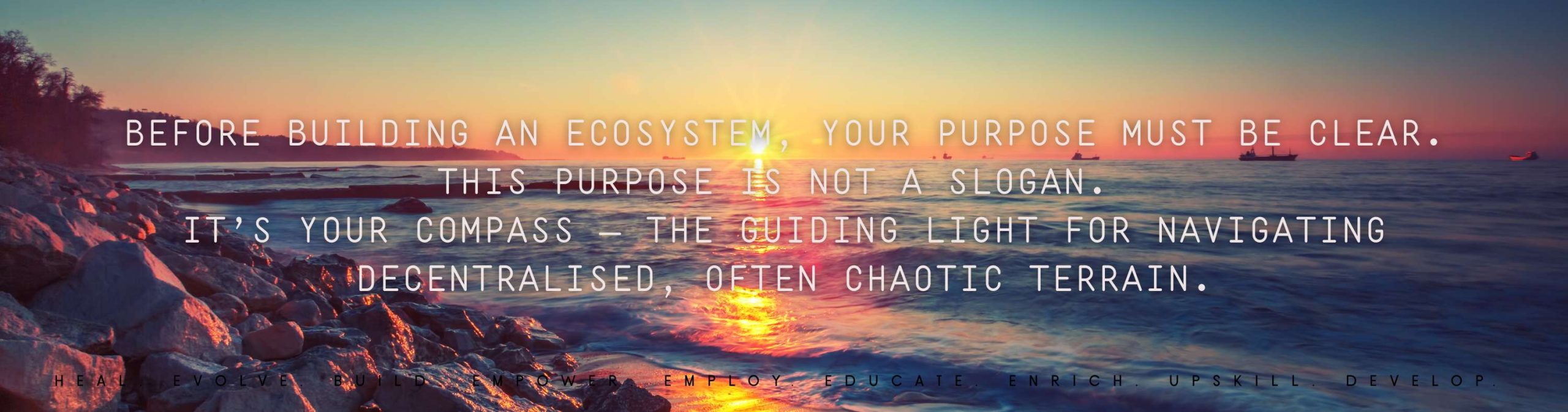 Text against sun rising above ocean Before building an ecosystem your purpose must be clearThis purpose is not a slogan Its your compass the guiding light for navigating decentralised often chaotic terrain